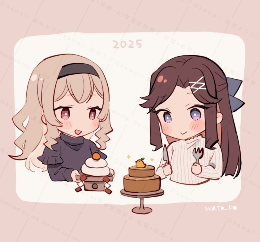 2025 2girls :&gt; baumkuchen black_hairband black_shirt blonde_hair blue_bow blue_eyes blush border bow bright_pupils brown_border brown_hair chibi closed_mouth commentary_request food fork frilled_sleeves frills fruit hair_bow hair_ornament hairband half_updo hands_up holding holding_fork holding_knife kagami_mochi knife long_hair long_sleeves looking_at_food mandarin_orange multiple_girls open_mouth outside_border parted_bangs pink_eyes ribbed_sweater saijou_claudine shirt shoujo_kageki_revue_starlight sidelocks simple_background smile sparkle sweater table_knife tendou_maya twitter_username upper_body watermark wato_(ko) white_background white_pupils white_sweater x_hair_ornament