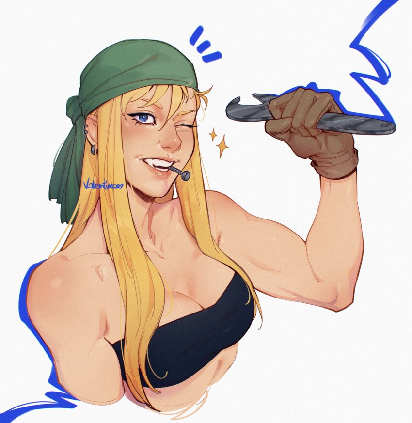 1girl arm_up artist_name biceps blonde_hair blue_eyes breasts brown_gloves cleavage commentary cropped_arm cropped_torso ear_piercing earrings english_commentary flexing fullmetal_alchemist gloves hair_over_breasts highres holding holding_wrench jewelry long_hair medium_breasts mouth_hold muscular muscular_female notice_lines one_eye_closed piercing screw simple_background solo sparkle teeth valentina_tavolilla white_background winry_rockbell wrench