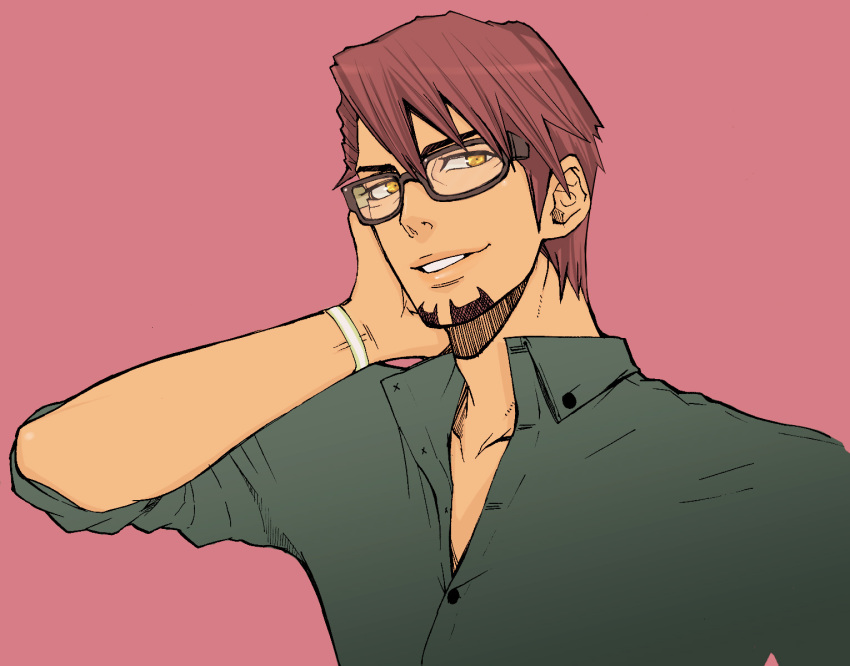 10s 1boy alternate_hairstyle bespectacled bigdeal brown_eyes brown_hair facial_hair glasses highres kaburagi_t._kotetsu male_focus short_hair simple_background solo stubble tiger_&amp;_bunny