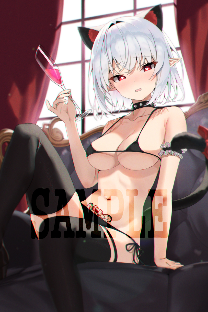 1girl absurdres animal_ears arm_garter bad_id bad_pixiv_id bare_shoulders bikini black_bikini black_choker black_thighhighs breasts cat_ears cat_girl cat_tail chaise_longue champagne_flute choker cleavage collarbone commission couch cup curtains drinking_glass extra_ears heart heart-shaped_pupils highres holding kirari_(kira_rin9) knee_up looking_at_viewer medium_breasts micro_bikini navel on_couch open_mouth original pointy_ears pubic_tattoo red_eyes sample_watermark short_hair side-tie_bikini_bottom sitting solo stomach strap_gap string_bikini swimsuit symbol-shaped_pupils tail tattoo thigh_strap thighhighs watermark white_hair window