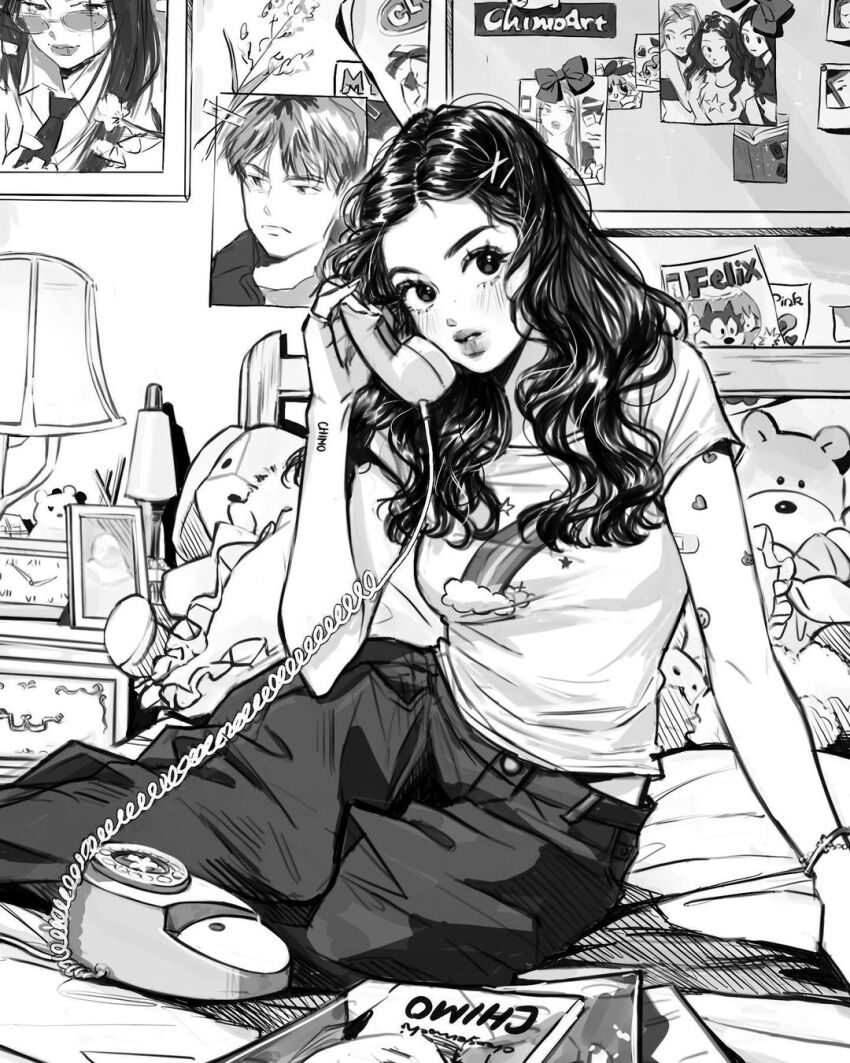 1girl alarm_clock artist_name bandaid bandaid_on_arm bedroom bow bracelet chimoart clock cloud_print commentary_request corded_phone denim desk_lamp eyelashes feet_out_of_frame flower greyscale hair_over_shoulder heart_stickers highres holding holding_phone indoors jeans jewelry korean_commentary lamp light_blush lips long_hair looking_at_viewer midriff_peek monochrome nightstand on_bed original pants parted_lips phone photo_(object) poster_(object) rainbow_print shirt short_sleeves sitting solo star_(symbol) star_print sticker_on_arm stuffed_animal stuffed_rabbit stuffed_toy t-shirt talking_on_phone tape teddy_bear thick_eyebrows wavy_hair wrist_tattoo