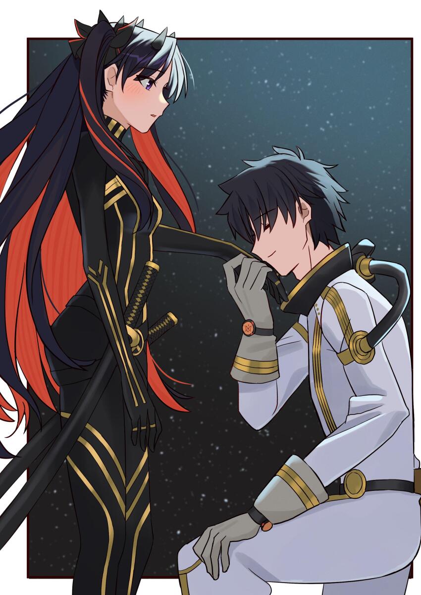 1boy 1girl absurdres black_bodysuit black_hair bodysuit breasts closed_eyes fate/grand_order fate_(series) fujimaru_ritsuka_(male) fujimaru_ritsuka_(male)_(captain_chaldea) hetero highres ishtar_(fate) kiss kissing_hand kneeling light_blush multicolored_clothes multicolored_hair purple_eyes red_hair shintyoi2 short_hair small_breasts space_ishtar_(fate) space_ishtar_(first_ascension)_(fate) twintails