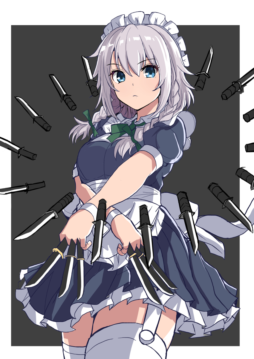 1girl apron black_background blue_dress blue_eyes border breasts dress garter_straps highres holding holding_knife izayoi_sakuya knife maid maid_headdress medium_breasts solo suberaku thighhighs thighs too_many too_many_knives touhou white_apron white_border white_hair white_headdress white_thighhighs