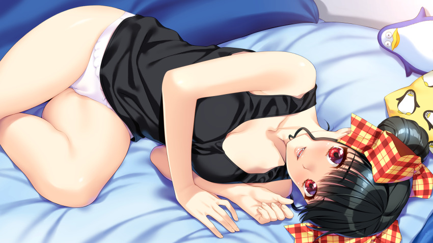 1girl :d bare_arms bare_legs bed_sheet bedroom black_hair black_shirt bow breasts cameltoe cleavage collarbone double_bun doukyuusei_(series) doukyuusei_2 game_cg hair_bow hair_bun highres indoors looking_at_viewer lying medium_breasts narusawa_yui official_art on_side open_mouth panties plaid_bow red_eyes shirt sleeveless sleeveless_shirt smile solo stuffed_animal stuffed_penguin stuffed_toy sumeragi_kohaku underwear white_panties