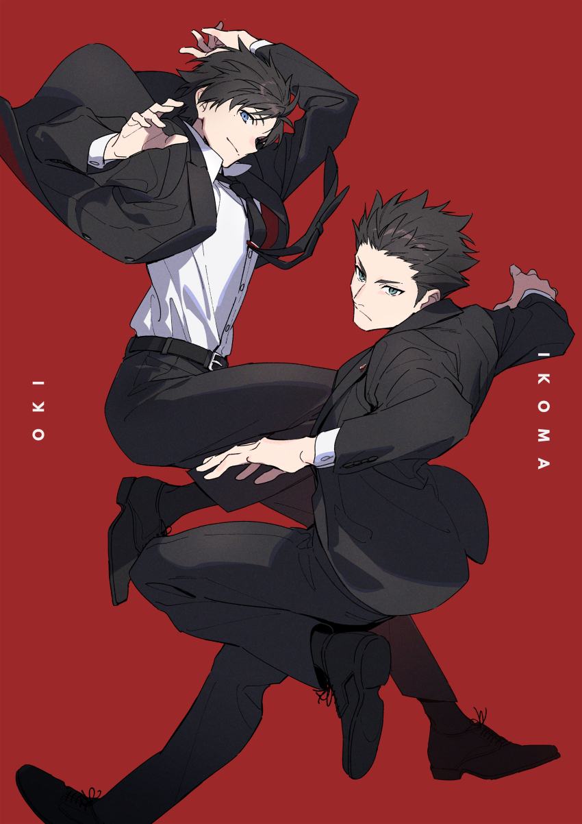 2boys absurdres arms_up belt black_belt black_footwear black_hair black_jacket black_necktie black_pants black_suit blue_eyes character_name closed_mouth collared_shirt formal_clothes full_body highres ikoma_tatsuhito jacket jumping long_sleeves looking_at_viewer male_focus mole mole_under_eye multiple_boys necktie oki_kouji pants red_background shirt shoes short_hair simple_background smile suit tsurime white_shirt world_trigger xia_(ryugo)