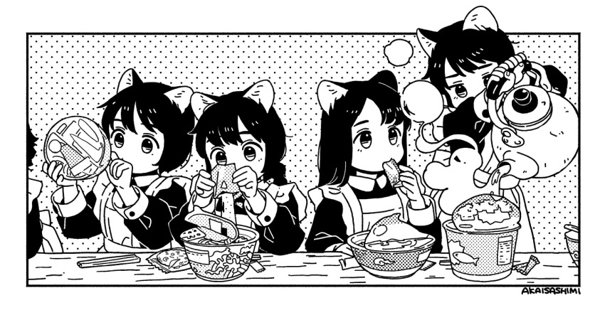 5girls akai_sashimi animal_ears apron artist_name braid braided_hair_rings cat_ears cat_girl chopsticks collared_dress cup_ramen dress greyscale hair_rings holding holding_kettle kettle long_sleeves maid medium_hair mole mole_under_eye monochrome multiple_girls original pouring revision short_hair