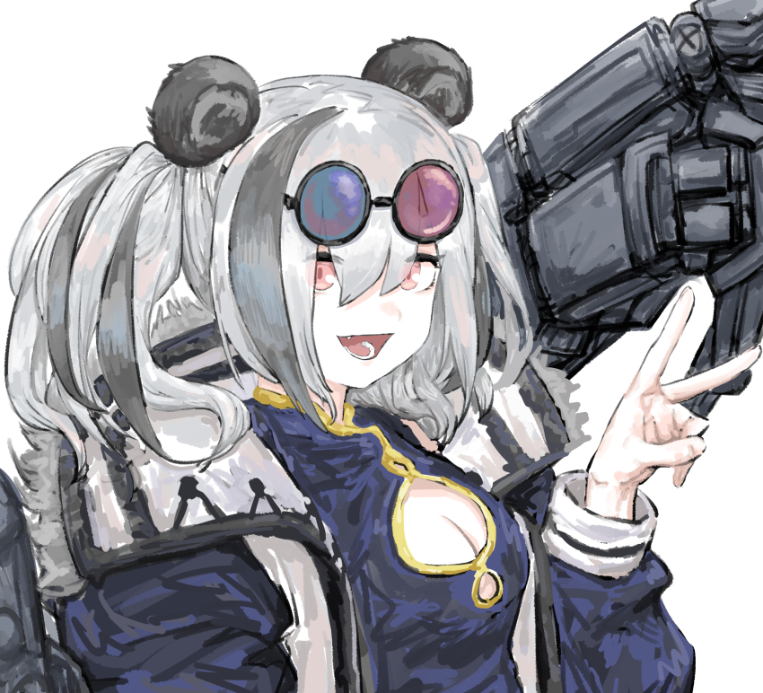 1girl animal_ears arknights blue_dress blue_jacket breasts china_dress chinese_clothes cleavage cleavage_cutout clothing_cutout dress eyewear_on_head feater_(arknights) fur-trimmed_jacket fur_trim grey_hair highres jacket long_hair looking_at_viewer matangom mechanical_arms medium_breasts multicolored_hair open_clothes open_jacket open_mouth panda_ears pink_eyes round_eyewear simple_background solo sunglasses tinted_eyewear twintails two-tone_hair upper_body v white_background