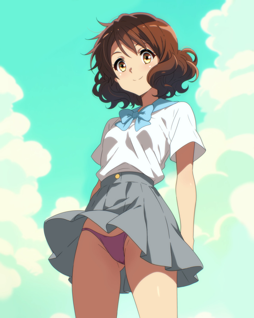 blue_bow blue_bowtie blue_sailor_collar bow bowtie brown_eyes brown_hair closed_mouth gluteal_fold grey_skirt hibike!_euphonium highres kitauji_high_school_uniform looking_at_viewer oumae_kumiko outdoors panties pantyshot purple_panties sailor_collar sbel02 school_uniform serafuku shirt shirt_tucked_in short_hair short_sleeves skirt smile underwear upskirt white_shirt