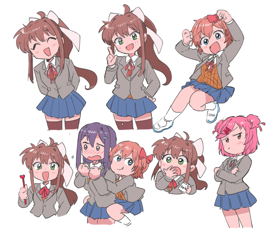 4girls blue_eyes blush bow brown_hair brown_thighhighs closed_mouth doki_doki_literature_club green_eyes hair_bow hair_ornament hairclip highres long_hair monika_(doki_doki_literature_club) multiple_girls natsuki_(doki_doki_literature_club) open_mouth pink_eyes pink_hair pleated_skirt ponytail purple_hair sayori_(doki_doki_literature_club) school_uniform short_hair skirt smile socks thighhighs tsubobot white_bow white_footwear white_socks x_hair_ornament yuri_(doki_doki_literature_club)