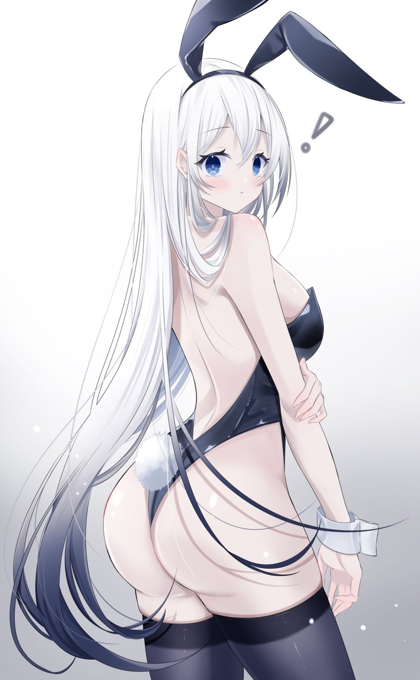 ! 1girl animal_ears ass backless_leotard bare_shoulders black_background black_leotard black_thighhighs blue_eyes blush breasts conconcon1031 cowboy_shot fake_animal_ears fake_tail from_behind gradient_background gradient_hair grey_hair hairband hand_on_own_arm highres large_breasts leotard long_hair looking_at_viewer looking_back multicolored_hair original playboy_bunny rabbit_ears rabbit_tail sideboob solo straight_hair strapless strapless_leotard surprised tail thighhighs very_long_hair white_background white_hair wrist_cuffs