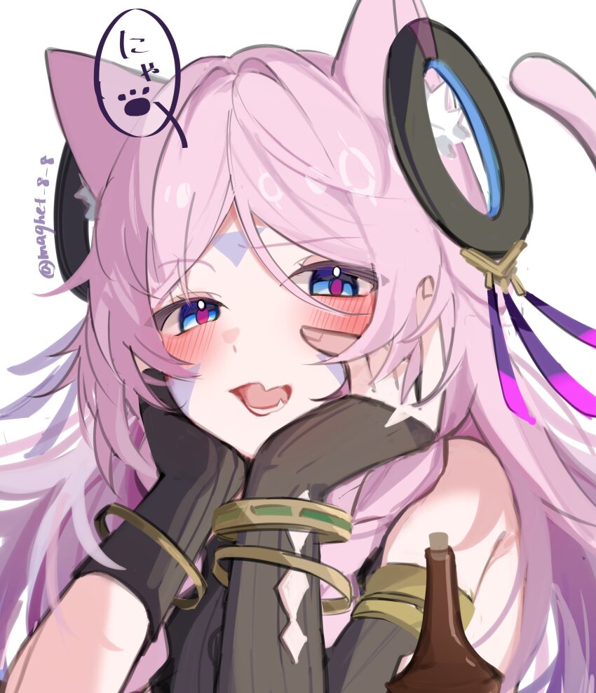 1girl absurdres animal_ears asymmetrical_gloves black_gloves blue_eyes cat_ears cat_tail citlali_(genshin_impact) facial_mark fang genshin_impact glove_cutout gloves highres kemonomimi_mode long_hair looking_at_viewer magnet_8_8 open_mouth pink_hair pink_pupils simple_background smile solo tail triangle triangle_facial_mark twitter_username uneven_gloves upper_body white_background