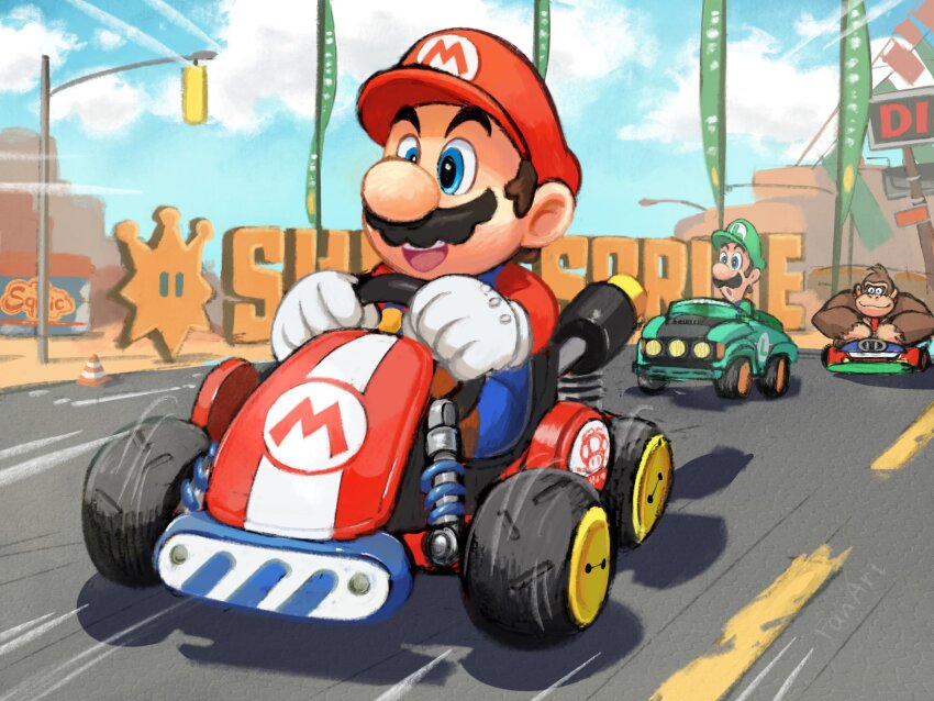 3boys ape blue_eyes blue_overalls brown_fur cloud cloudy_sky donkey_kong donkey_kong_(series) facial_hair furry gloves go-kart gorilla green_hat green_shirt happy hat highres long_sleeves luigi mario mario_(series) mario_kart mario_kart_9 multiple_boys mustache nintendo open_mouth outdoors overalls race_vehicle red_hat red_shirt road shirt short_hair sign sky smile traffic_light white_gloves ya_mari_6363