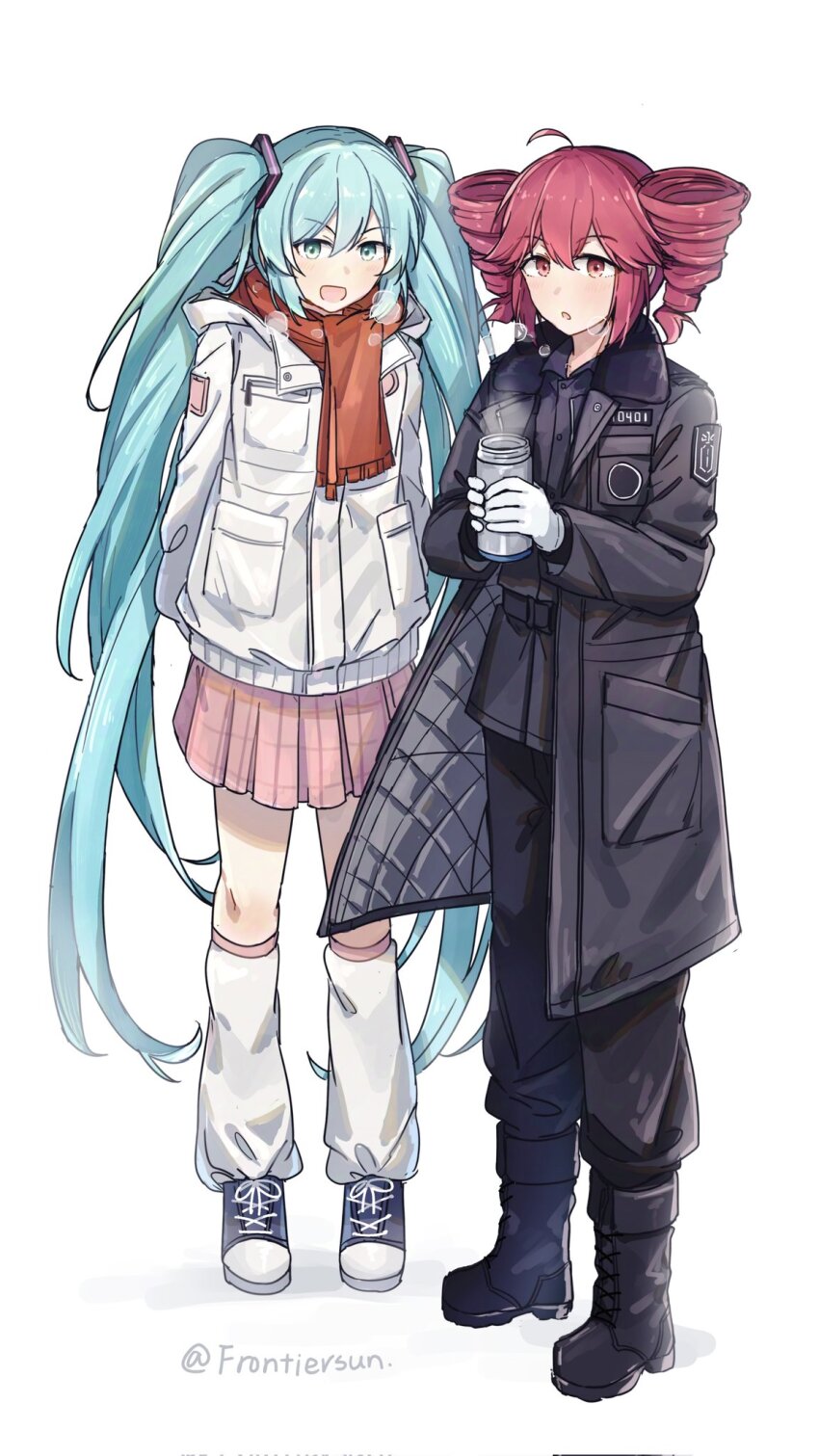 2girls ahoge alternate_costume belt black_belt black_coat black_footwear black_jacket black_pants blue_eyes blue_hair blush boots breast_pocket can coat cross-laced_footwear double-parted_bangs drill_hair flat_chest frontiersun full_body gloves hair_between_eyes hatsune_miku highres holding holding_can jacket kasane_teto knee_boots kneehighs lace-up_boots long_hair long_sleeves looking_at_viewer miniskirt multiple_girls pants pink_shirt pleated_skirt pocket red_eyes red_hair red_scarf scarf shirt shoes simple_background skirt sleeves_past_elbows sneakers socks standing twin_drills twintails utau very_long_hair vocaloid white_background white_gloves white_jacket white_socks