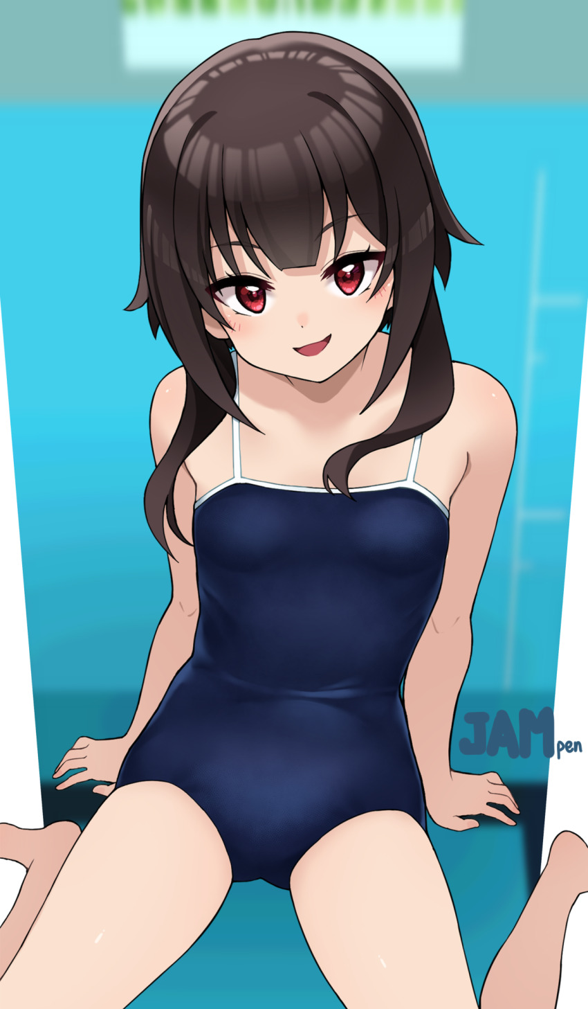 1girl :d alternate_costume artist_name bare_arms bare_shoulders barefoot black_one-piece_swimsuit breasts brown_hair highres jampen kono_subarashii_sekai_ni_shukufuku_wo! long_hair megumin one-piece_swimsuit open_mouth red_eyes school_swimsuit sitting small_breasts smile solo swimsuit