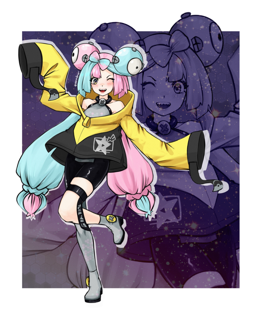 1girl ;d aqua_hair azurdraws bike_shorts blush boots border bow-shaped_hair character_hair_ornament commentary creatures_(company) game_freak grey_footwear grey_pantyhose grey_shirt hair_ornament highres iono_(pokemon) jacket leg_up long_hair multicolored_hair nintendo one_eye_closed open_mouth pantyhose pink_hair pokemon pokemon_sv shirt single_leg_pantyhose sleeveless sleeveless_shirt smile star_(symbol) star_print teeth thigh_strap twintails two-tone_hair upper_teeth_only white_border yellow_jacket zoom_layer