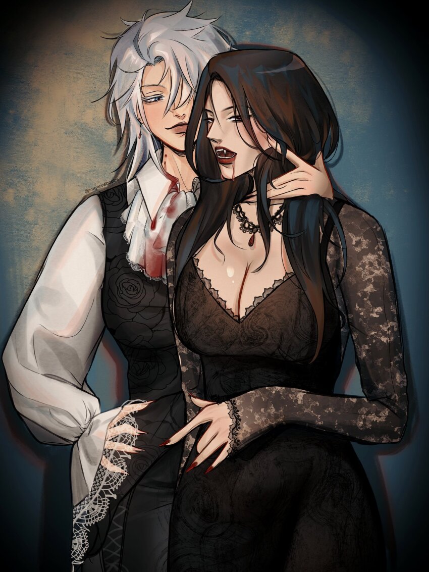 2girls ascot bite_mark bite_mark_on_neck black_dress black_hair blood blood_from_mouth blood_on_clothes breasts cleavage closed_mouth collared_shirt commentary dress earrings english_commentary eugie fangs genderswap genderswap_(mtf) getou_suguru gojou_satoru grey_hair hand_in_another&#039;s_hair hand_on_another&#039;s_neck hand_on_own_hip highres jewelry jujutsu_kaisen large_breasts long_hair long_sleeves multiple_girls open_mouth red_lips red_nails shirt smile vampire white_ascot white_hair white_shirt yuri