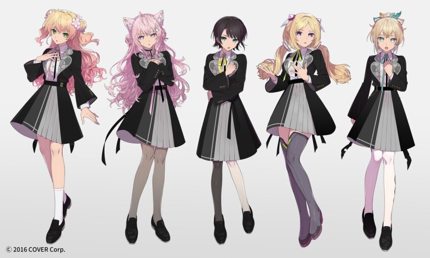 5girls aki_rosenthal alternate_costume animal_ears aqua_eyes belt black_belt black_dress black_footwear black_pantyhose blonde_hair boots brown_hair cat_ears dress flower full_body green_eyes grey_background grey_dress hair_flower hair_ornament hakui_koyori hololive kazama_iroha loafers long_hair looking_at_viewer momosuzu_nene multiple_girls official_alternate_costume official_art oozora_subaru open_mouth pantyhose pink_eyes pink_hair purple_eyes shoes short_hair simple_background socks tekatori thigh_boots two-tone_dress unknown_mother_goose_(vocaloid) virtual_youtuber white_pantyhose white_socks