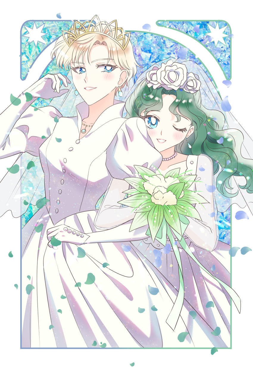 2girls absurdres bishoujo_senshi_sailor_moon blonde_hair blue_background blue_eyes blush bouquet bridal_veil dress earrings flower gloves green_hair hair_flower hair_ornament highres holding holding_bouquet jewelry kaiou_michiru looking_at_viewer loveodoro medium_hair multiple_girls necklace one_eye_closed parted_bangs parted_lips petals puffy_sleeves rose short_hair smile ten&#039;ou_haruka tiara veil very_short_hair wavy_hair wedding_dress white_flower white_gloves white_rose