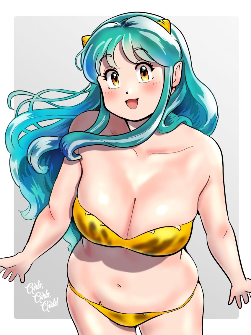 1girl animal_print bikini breasts cleavage commentary_request green_hair highres horns kenken28937178 large_breasts looking_at_viewer lum navel oni open_mouth smile solo swimsuit tiger_print urusei_yatsura yellow_eyes