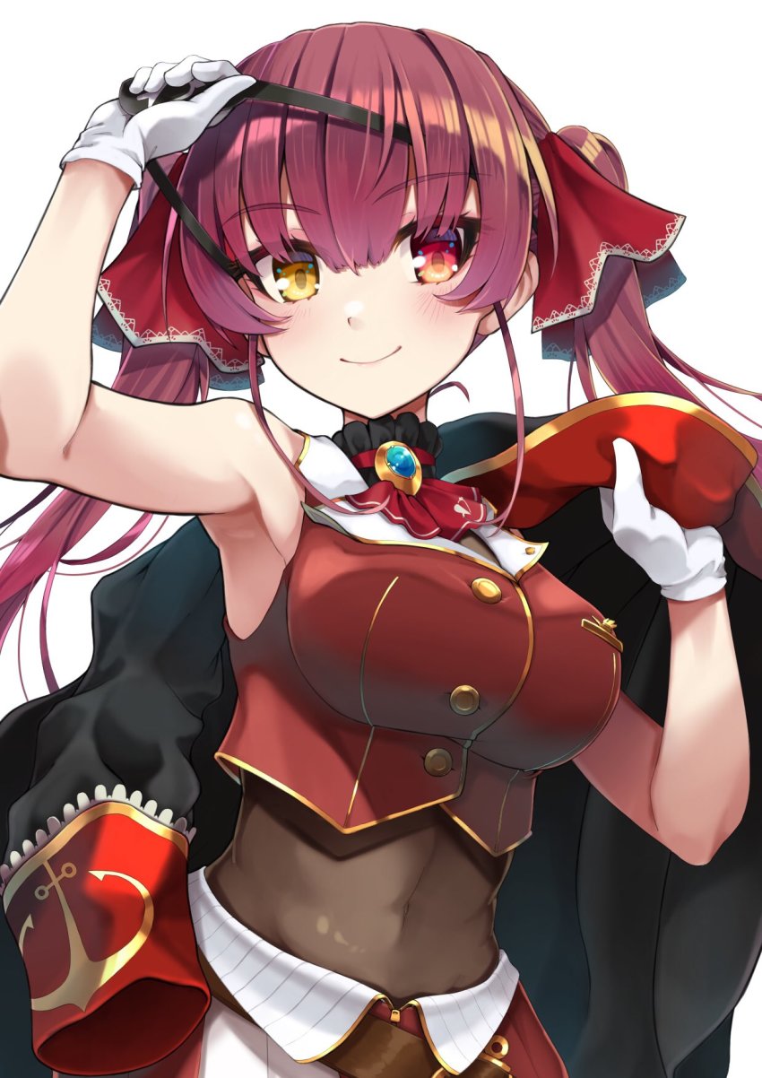 arm_up armpits breasts coat commentary_request eyepatch eyepatch_lift gloves hair_between_eyes heterochromia highres hololive hototogisu_(hot_to_gis) houshou_marine large_breasts leotard leotard_under_clothes long_hair navel red_hair see-through_clothes see-through_leotard simple_background smile solo twintails virtual_youtuber white_background white_gloves