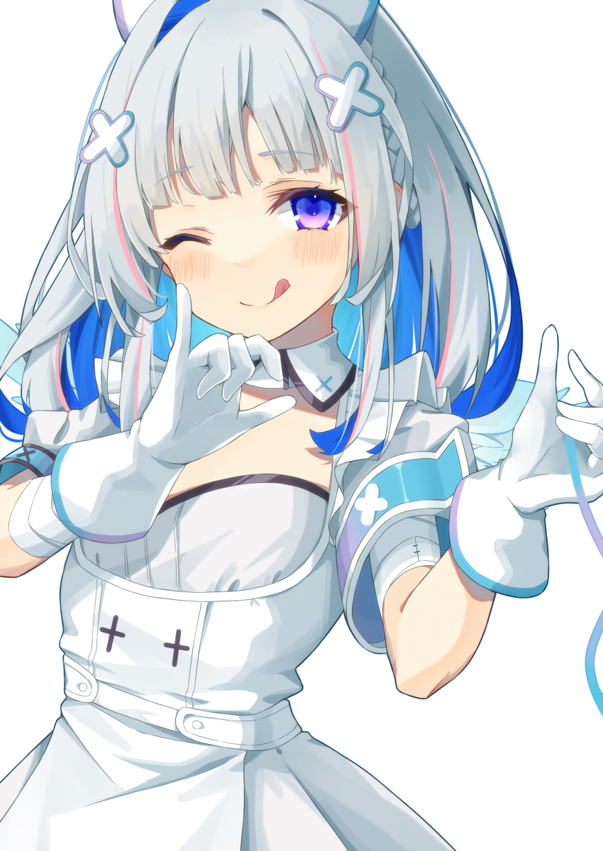 1girl :q absurdres amane_kanata amane_kanata_(nurse) apron aqua_wings bandaged_arm bandaged_wrist bandages blue_eyes blue_hair blunt_bangs blush braid breasts closed_mouth collar colored_inner_hair detached_collar dress eyelashes frilled_apron frills gloves grey_hair hair_ornament hands_up highres hololive kisara_mikami long_hair looking_at_viewer mini_wings multicolored_hair one_eye_closed pink_eyes pinky_out puffy_sleeves short_sleeves simple_background single_hair_intake small_breasts smile solo streaked_hair tongue tongue_out upper_body virtual_youtuber white_apron white_background white_collar white_dress white_gloves wings wink x_hair_ornament