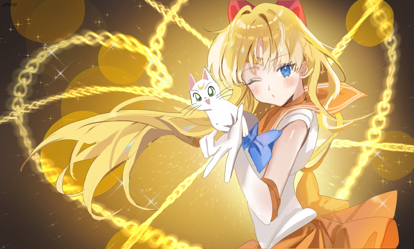 1girl aino_minako artemis_(sailor_moon) bishoujo_senshi_sailor_moon blonde_hair blowing_kiss blue_bow blue_eyes blush bow cat chain circlet commentary_request elbow_gloves floating_hair from_side gloves hair_bow hand_up haruri highres long_hair looking_at_viewer looking_to_the_side one_eye_closed orange_sailor_collar orange_skirt parted_lips pleated_skirt red_bow sailor_collar shirt short_sleeves skirt very_long_hair white_cat white_gloves white_shirt wink