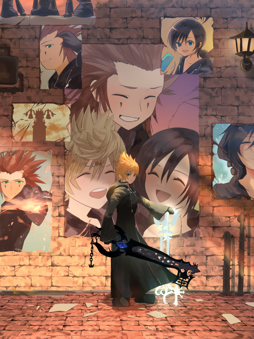 1girl 2boys absurdres axel_(kingdom_hearts) black_coat black_coat_(kingdom_hearts) black_footwear black_gloves black_hair blonde_hair blush closed_eyes closed_mouth coat commentary_request facial_mark food gloves green_eyes highres holding holding_food holding_popsicle holding_weapon hood hood_down hooded_coat kawame626 keyblade kingdom_hearts kingdom_hearts_358/2_days long_sleeves looking_at_viewer multiple_boys oathkeeper oblivion_(keyblade) open_mouth pointy_hair popsicle red_hair roxas shoes short_hair sitting smile sunset swept_bangs weapon xion_(kingdom_hearts)