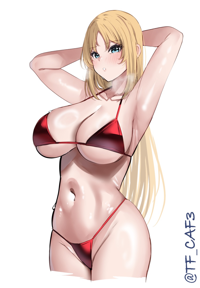 1girl absurdres alternate_costume arms_behind_head bikini blonde_hair blue_eyes blush breasts cleavage collarbone highres kantai_collection large_breasts long_hair navel nelson_(kancolle) one-hour_drawing_challenge open_mouth red_bikini simple_background solo swimsuit tf_cafe twitter_username white_background