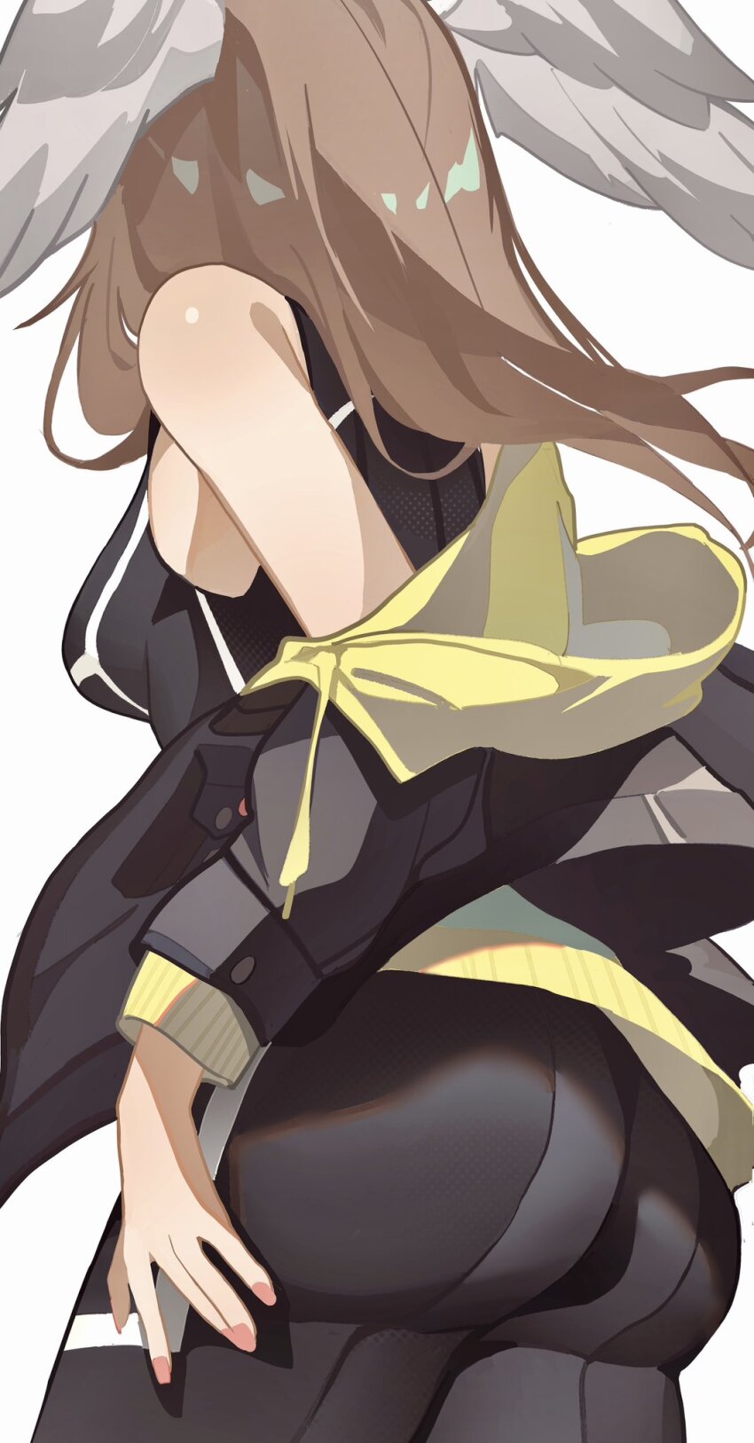 1girl ass black_bodysuit black_choker black_jacket bodysuit breasts brown_hair choker eunie_(xenoblade) from_behind gbbgb321 head_wings highres hood jacket jacket_partially_removed large_breasts long_hair medium_hair open_clothes simple_background single_bare_shoulder solo white_background white_wings wings