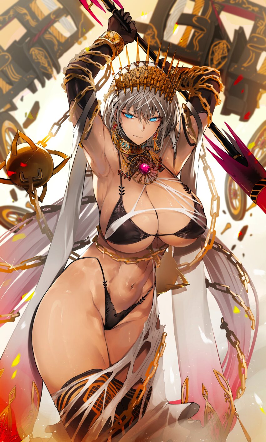 1girl abs absurdres armpits arms_up ballista bare_shoulders bikini black_bikini black_gloves black_thighhighs blue_eyes breasts chain cleavage collar crown cuffs curvy dark-skinned_female dark_skin earrings elbow_gloves fate/grand_order fate_(series) gloves gold_chain grey_hair highleg highleg_bikini highleg_panties highres huge_breasts jewelry large_breasts long_hair looking_at_viewer multicolored_hair navel neck_ring nishiide_kengorou panties pink_hair polearm revealing_clothes shackles solo spear swimsuit tan thick_thighs thighhighs thighs torn_clothes underwear very_long_hair weapon zenobia_(fate)