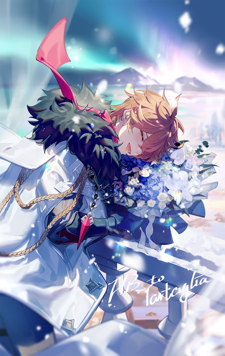 1boy aurora black_gloves blue_flower blue_rose blue_sky blush bouquet closed_eyes coat crystal flower fur-trimmed_coat fur_trim genshin_impact gloves hair_between_eyes hand_up highres holding holding_bouquet long_sleeves male_focus mountain open_mouth orange_hair qinnye red_scarf rose scarf short_hair sky smile snow snowing solo standing tartaglia_(genshin_impact) teeth tongue white_coat white_flower white_rose