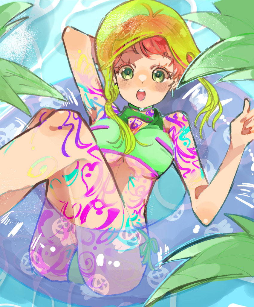 1girl arm_tattoo body_markings breasts comet_(gnosia) commentary_request gnosia green_eyes hat highres looking_at_viewer open_clothes pink_hair short_hair shoulder_tattoo sleeveless smile solo spikumin2 stomach_tattoo tattoo water