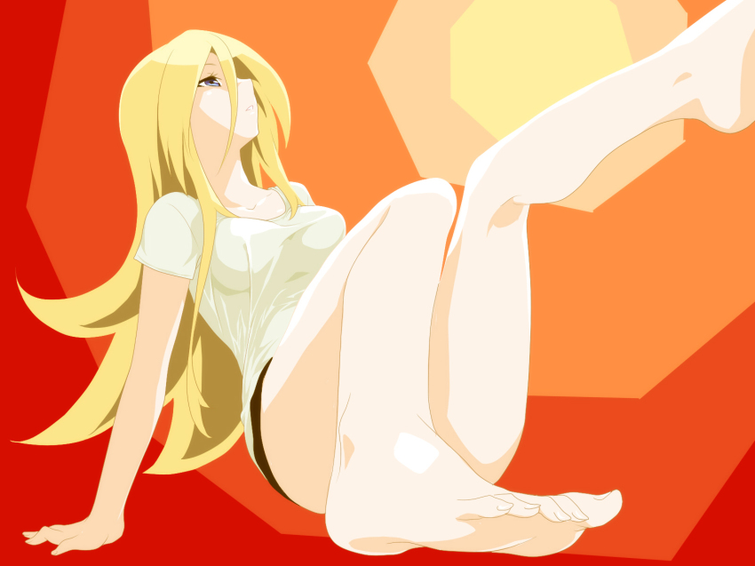 1girl barefoot blonde_hair blue_eyes feet female_focus highres legs lily_(vocaloid) long_hair looking_away oumi_sanaka profile solo vocaloid