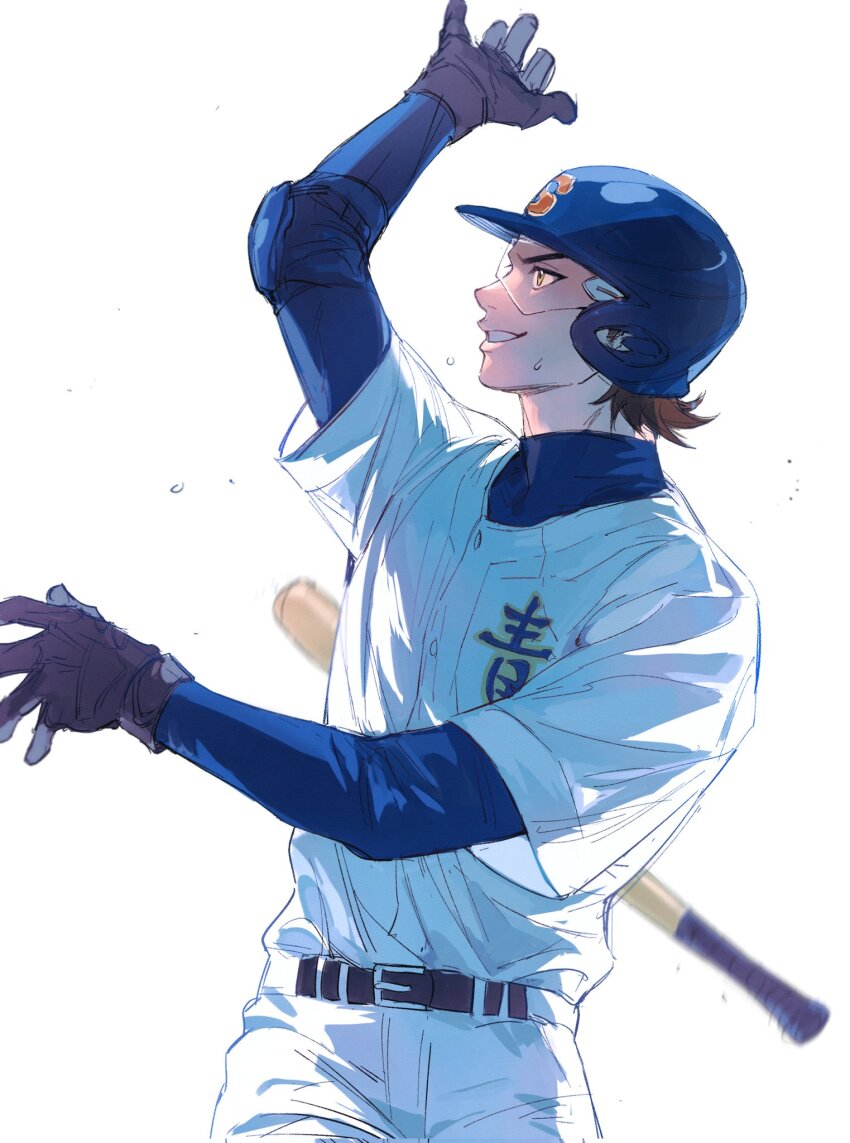 1boy ace_of_diamond baseball baseball_bat baseball_helmet baseball_uniform belt belt_buckle black_belt black_gloves blue_undershirt brown_hair buckle compression_shirt gloves goggles helmet highres jacket male_focus miyuki_kazuya pants playing_sports shirt_under_shirt simple_background solo sportswear upper_body white_background white_jacket white_pants yellow_eyes zechengm19