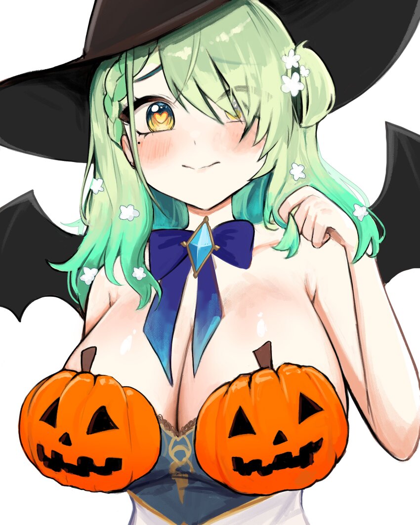 absurdres alternate_costume arm_up bat_wings blue_ribbon braid braided_bangs breasts ceres_fauna cleavage daemo72 fake_wings flower gem green_hair hair_flower hair_ornament hat heart heart-shaped_pupils highres hololive hololive_english huge_breasts jack-o&#039;-lantern jewelry large_breasts long_hair mole mole_under_eye pumpkin ribbon shirt single_braid smile strapless strapless_shirt symbol-shaped_pupils virtual_youtuber wings witch_hat yellow_eyes