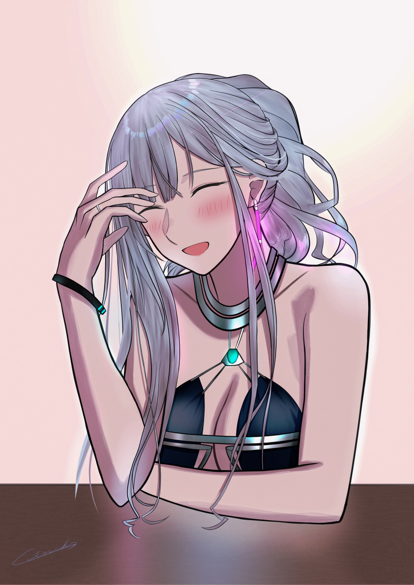 1girl absurdres ak-12_(girls&#039;_frontline) ak-12_(quiet_azure)_(girls&#039;_frontline) aqua_dress arm_up artist_name bar_(place) bare_shoulders blush bracelet breasts cleavage closed_eyes collarbone commentary dress earrings elbow_on_table gincho girls&#039;_frontline grey_hair highres jewelry laughing long_hair medium_breasts official_alternate_costume open_mouth parted_lips ponytail ring simple_background smile solo upper_body