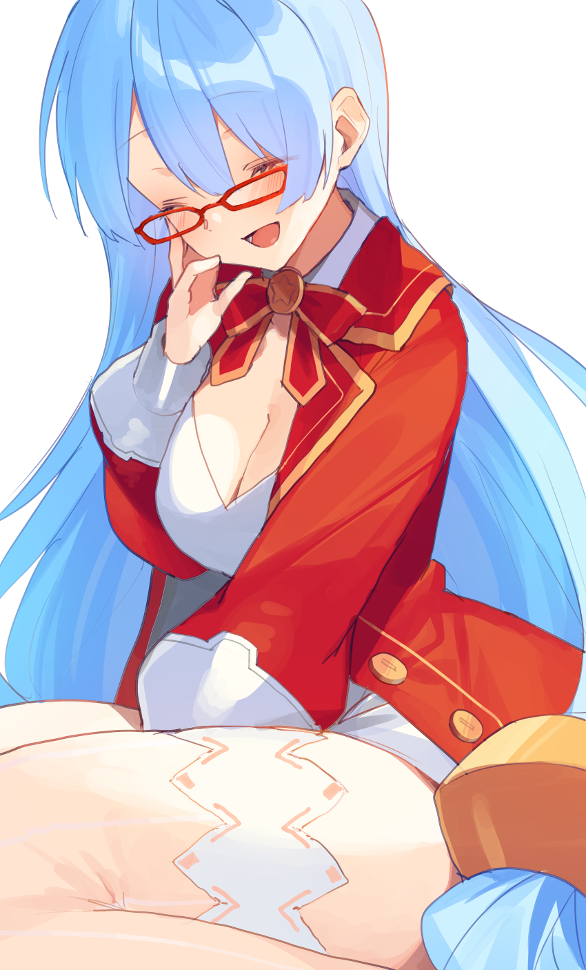 1girl absurdres blue_hair breasts buran_buta cleavage closed_eyes glasses hair_ornament happy highres jacket long_hair low-tied_long_hair low_twintails medium_breasts neptune_(series) nishizawa_mina open_mouth puffy_sleeves red-framed_eyewear red_jacket simple_background sitting smile solo thighhighs twintails very_long_hair white_background white_thighhighs