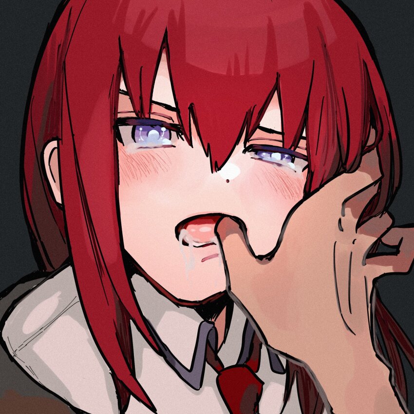 1girl 1other black_background blush collared_shirt commentary drooling hair_between_eyes half-closed_eye hand_in_another&#039;s_mouth highres long_hair looking_at_viewer makise_kurisu necktie open_mouth portrait pov red_hair red_necktie shirt sidelocks simple_background steins;gate suehiroch0 tearing_up tears tongue white_shirt