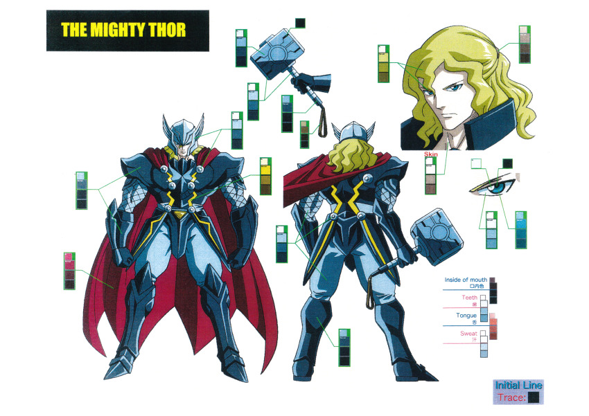 1boy absurdres armor avengers_(series) blonde_hair cape character_name character_sheet disk_wars_avengers full_armor full_body hammer helmet highres holding holding_hammer holding_weapon long_hair looking_at_viewer marvel multiple_views muscular official_art serious thor_(marvel) weapon