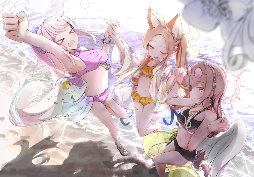 &gt;_&lt; 3girls alternate_costume alternate_hairstyle animal_ears arm_up backlighting bare_shoulders beach bikini black_bikini blonde_hair blue_archive blue_nails clenched_hand commentary_request eyewear_on_head forehead fox_ears halo highres holding_hands interlocked_fingers jumping light_brown_hair low_wings mika_(blue_archive) multiple_girls nagisa_(blue_archive) ocean orange_bikini outdoors outstretched_arm pink-tinted_eyewear pink_bikini pink_hair sakurano_rocco sandals seia_(blue_archive) shadow sunglasses swimsuit tea_party_(blue_archive) tinted_eyewear twitter_username water white_wings wings