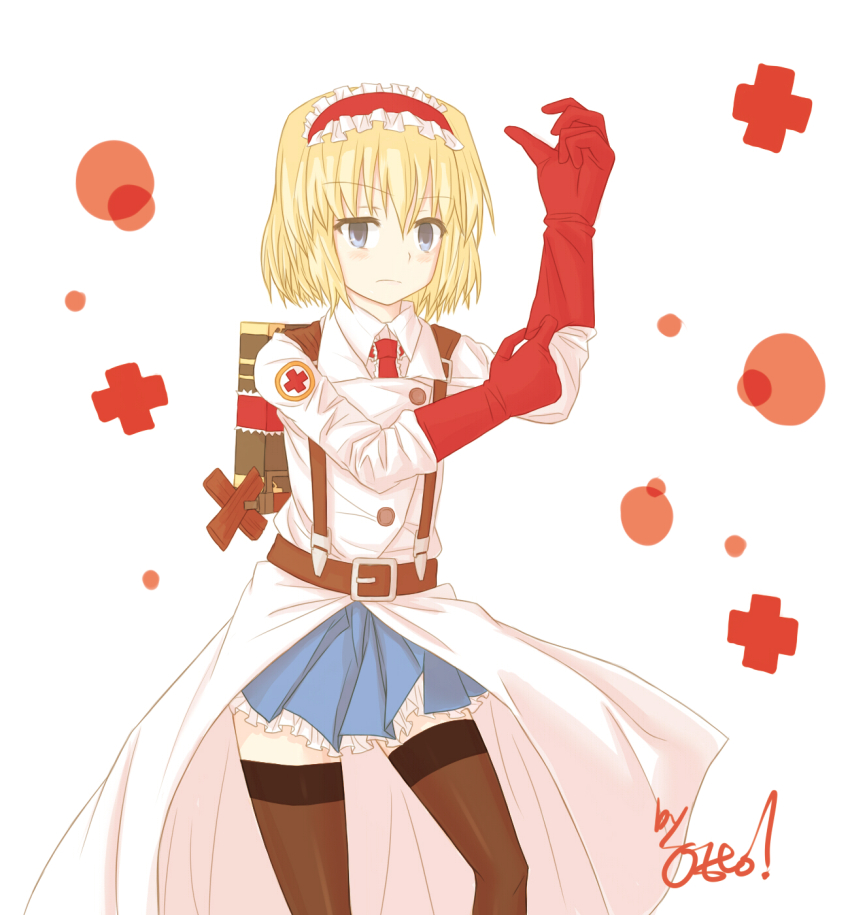 1girl alice_margatroid backpack bag belt black_thighhighs blonde_hair blue_eyes coat cosplay cross female_focus gloves hairband hbkhk2007 highres medic_(tf2) red_cross red_medic_(tf2) short_hair solo suspenders team_fortress_2 the_medic_(cosplay) thighhighs touhou