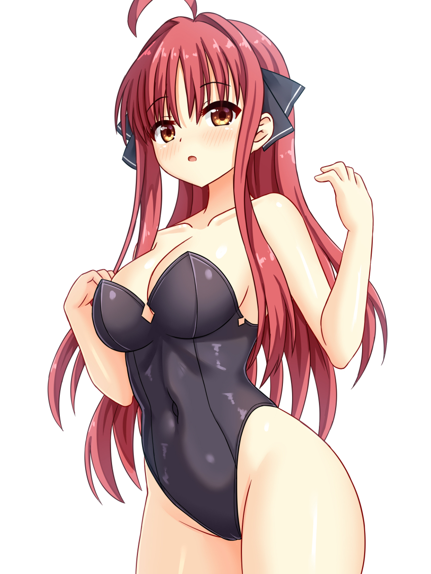 1girl ahoge bare_legs black_leotard breasts brown_eyes cleavage collarbone commentary_request covered_navel cowboy_shot dracu-riot! hair_intakes hair_ribbon highleg highleg_leotard highres large_breasts leotard long_hair looking_at_viewer red_hair ribbon sidelocks simple_background solo strapless strapless_leotard tamba_i white_background yarai_miu