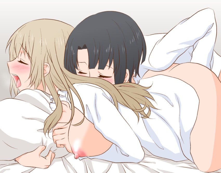 10s 2girls ass atago_(kancolle) atataka_bot bad_id bad_pixiv_id bed black_hair blonde_hair blush bottomless breasts closed_eyes female_focus fingering heavy_breathing kantai_collection large_breasts long_hair multiple_girls nipples no_headwear no_headwear open_mouth pillow pillow_grab short_hair takao_(kancolle) udon_(shiratama) yuri