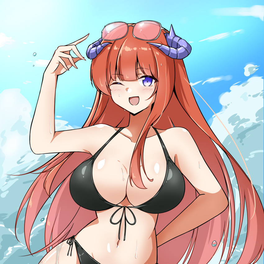 1girl absurdres arknights arm_behind_back arm_up bagpipe_(arknights) bikini black_bikini blue_sky breasts cleavage cloud cloudy_sky collarbone commentary_request dragon_horns eyewear_on_head front-tie_bikini_top front-tie_top highres horns large_breasts light_blush long_hair long_sleeves looking_at_viewer navel open_mouth orange_hair purple_eyes shirt sky smile solo swimsuit xibu_cai