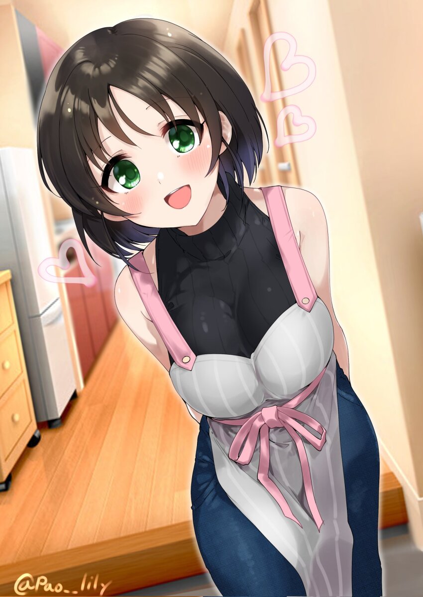 apron arms_behind_back black_hair black_sweater blush breasts commission denim dutch_angle entrance green_eyes grey_apron harada_miyo heart highres idolmaster idolmaster_cinderella_girls idolmaster_cinderella_girls_starlight_stage jeans kitchen large_breasts leaning_forward loving_aura pants paopao short_hair signature skeb_commission sleeveless sleeveless_sweater smile sweater wooden_floor