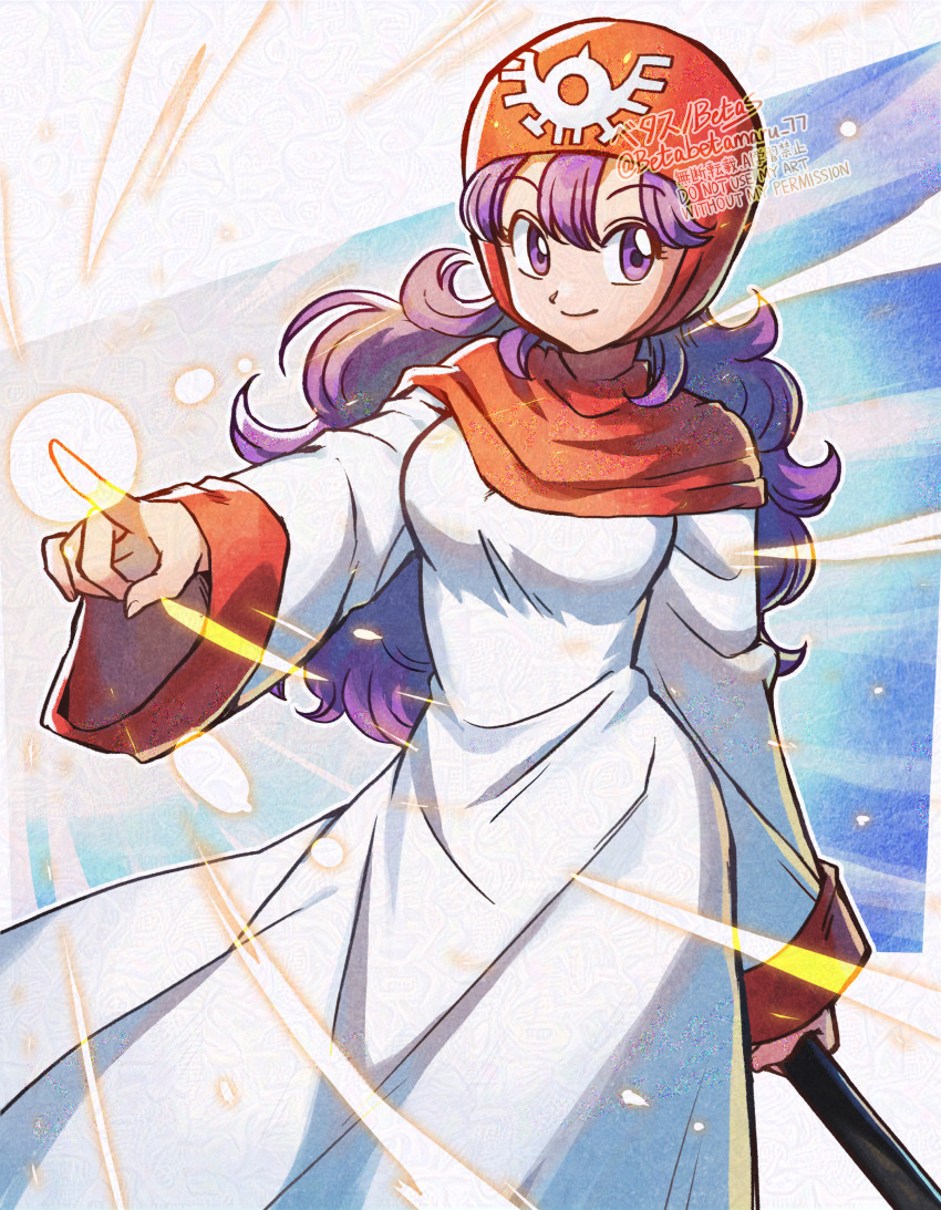 1girl absurdres artist_name betabetamaru closed_mouth commentary_request curly_hair dragon_quest dragon_quest_ii floating_clothes floating_hair highres holding holding_staff index_finger_raised long_hair looking_to_the_side princess_of_moonbrook purple_eyes purple_hair red_hood robe smile solo staff twitter_username white_robe