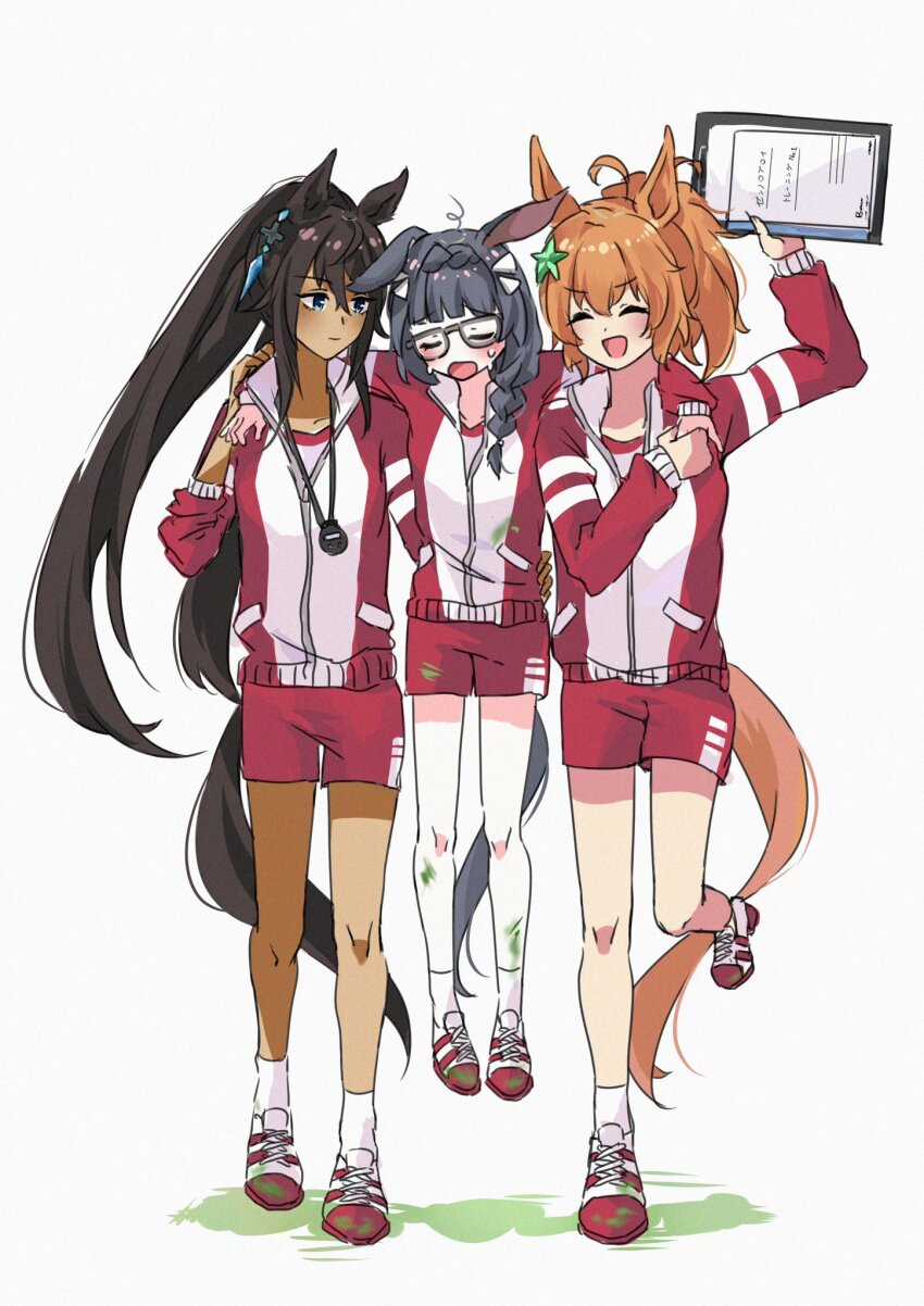 3girls ^_^ animal_ears black-framed_eyewear black_hair braid brown_hair closed_eyes crown_braid dark-skinned_female dark_skin hair_between_eyes hair_ornament highres historical_connection horse_ears horse_girl horse_tail jacket long_hair morizu929 multiple_girls ponytail red_jacket red_shorts shirt shoes shorts sneakers socks split_ponytail star_(symbol) star_hair_ornament stopwatch stopwatch_around_neck symboli_kris_s_(umamusume) taiki_shuttle_(umamusume) tail tracen_training_uniform track_jacket umamusume watch white_shirt white_socks zenno_rob_roy_(umamusume)