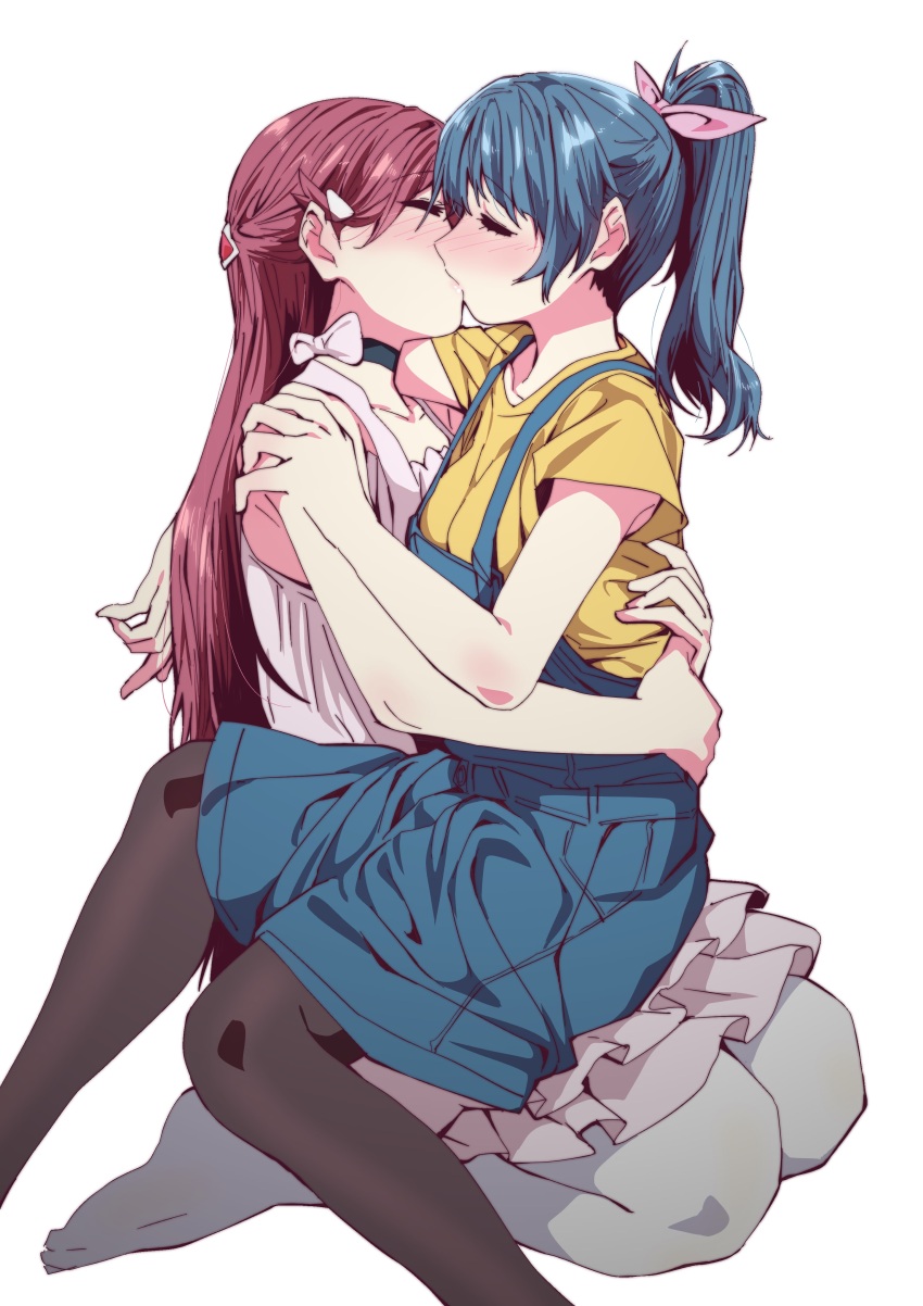 2girls absurdres blue_hair blush breasts closed_eyes ecoman high_ponytail highres hug kiss love_live! love_live!_sunshine!! multiple_girls pantyhose red_hair sakurauchi_riko shirt sitting sitting_on_lap sitting_on_person tsushima_yoshiko yellow_shirt yuri