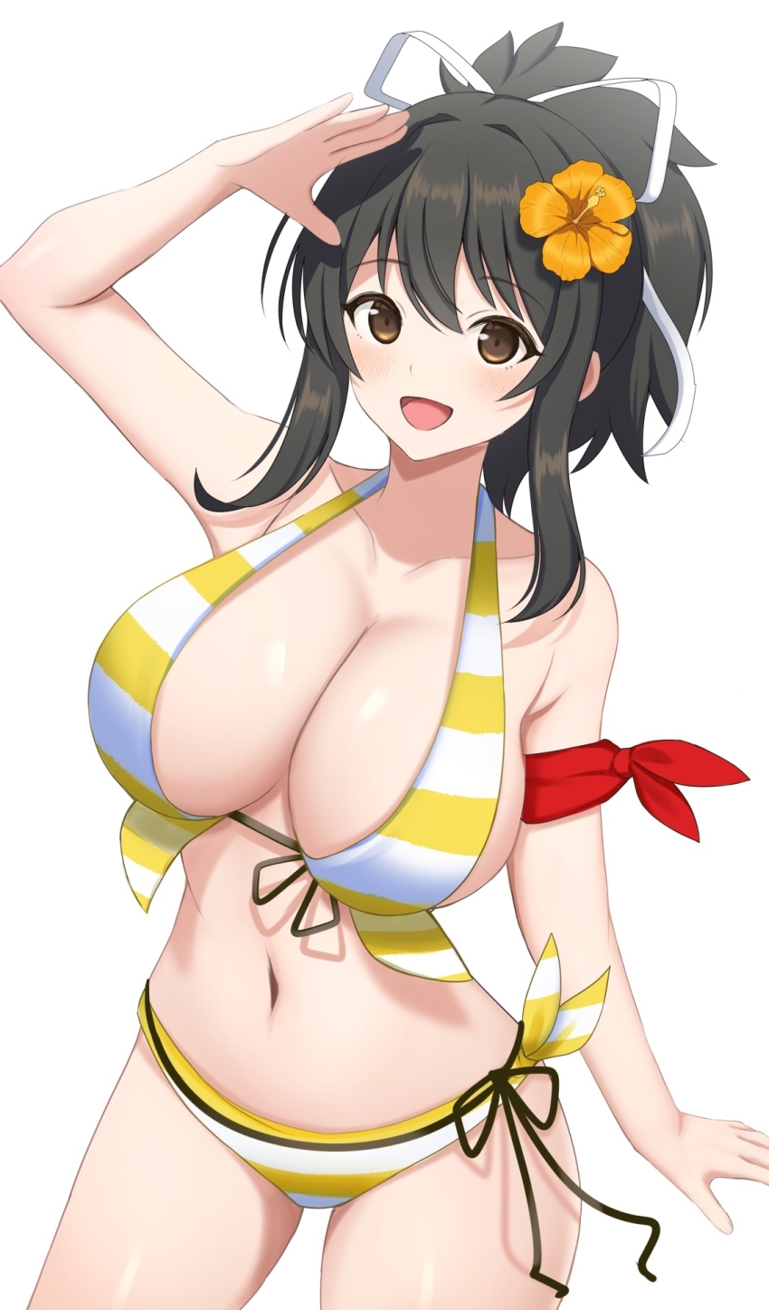 1girl :d arm_at_side arm_ribbon arm_up asuka_(senran_kagura) bare_arms bare_shoulders bikini black_hair blush breasts brown_eyes cleavage collarbone commentary_request cowboy_shot dolphin_wave flower front-tie_bikini_top front-tie_top hair_ribbon halterneck hibiscus high_ponytail highres large_breasts looking_at_viewer medium_hair navel official_alternate_costume open_mouth orange_flower ponytail red_ribbon ribbon senran_kagura side-tie_bikini_bottom simple_background smile solo standing stomach striped_bikini striped_clothes surippa1010 swimsuit two-tone_bikini white_background white_bikini white_ribbon yellow_bikini