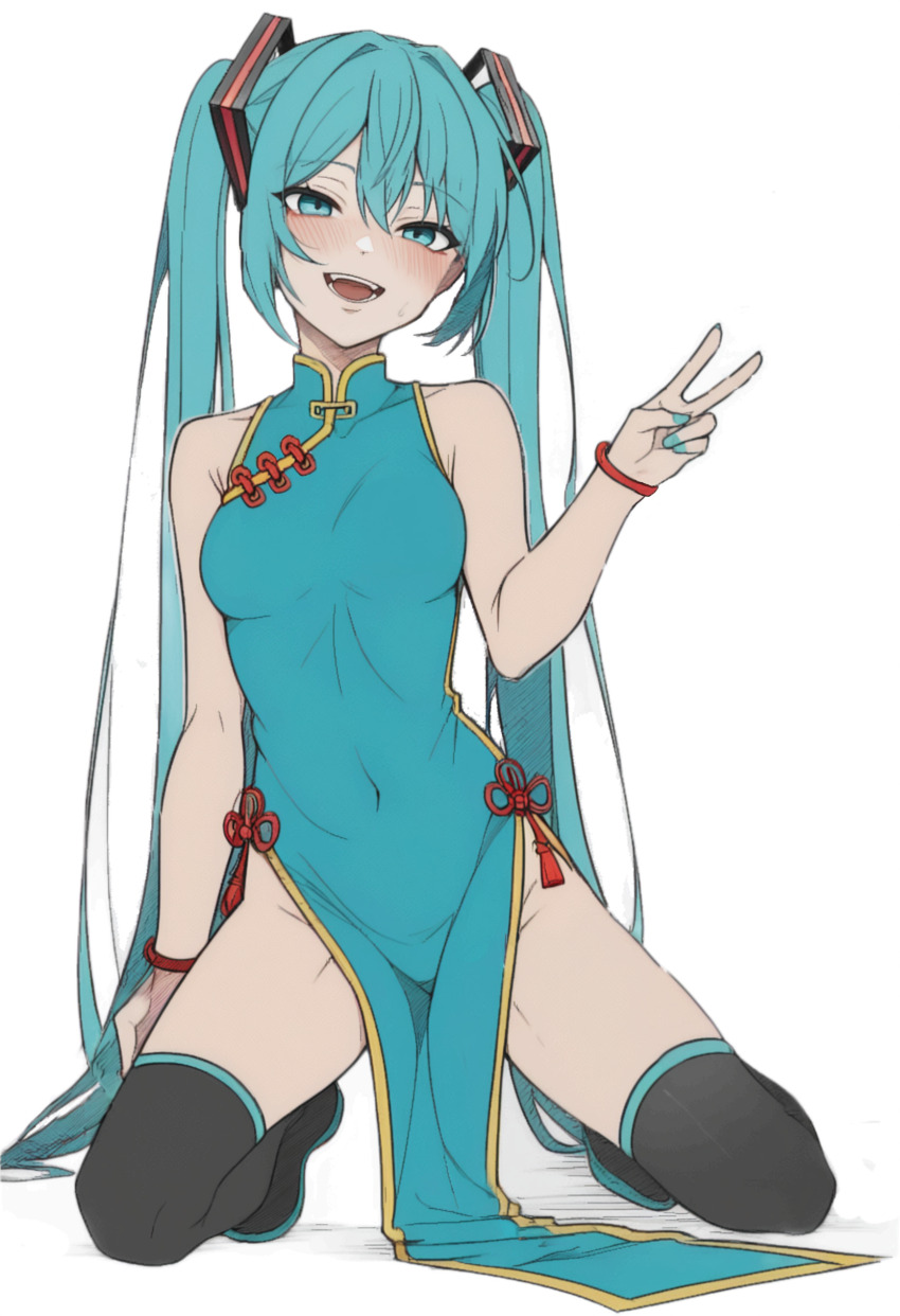 1girl :d absurdres aqua_dress aqua_eyes aqua_hair black_footwear blush boots breasts china_dress chinese_clothes commentary covered_navel dress full_body groin hair_between_eyes hair_ornament hatsune_miku highres kneeling long_hair looking_at_viewer nail_polish open_mouth side_slit simple_background smile solo sweatdrop thigh_boots thighs twintails v very_long_hair vocaloid white_background zepyuros